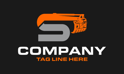 Letter S Arm Excavator Rake, Folding Rake logo template vector. Heavy equipment logo vector for construction company.