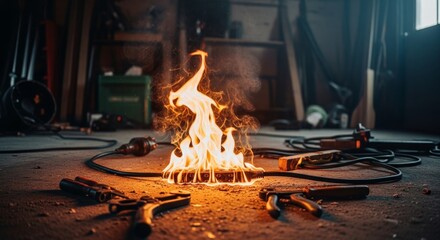 Burning Electrical Cord in Workshop - A small fire burns intensely on a power strip surrounded by tools in a dimly lit workshop