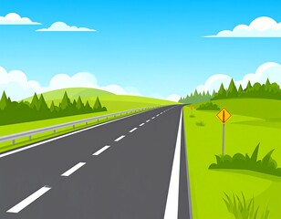 A long highway stretches into a sunny landscape of green hills and forests