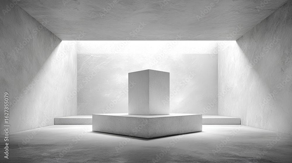 Aufkleber 3d rendering of empty white concrete room with geometry podium background, empty space for product p