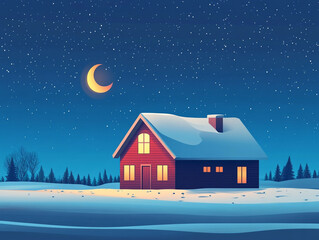 A simple cartoon illustration of a house on a snowy hill, under a starry night sky with a moon.
