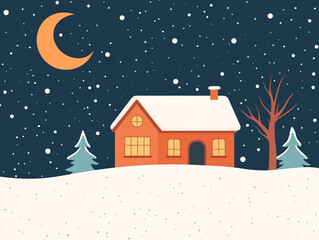 A simple cartoon illustration of a house on a snowy hill, under a starry night sky with a moon.