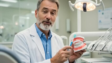Dentist demonstrating proper brushing technique using a dental model in a modern clinic setting
