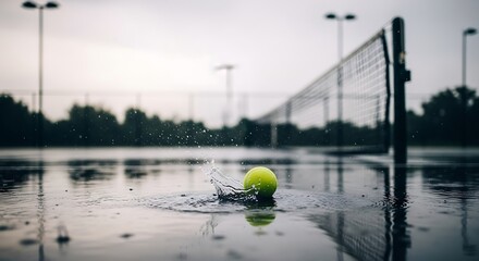 Tennis Ball in Puddle on Court