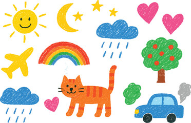 Cute hand drawn cartoon elements for children with sun rainbow cat clouds and car
