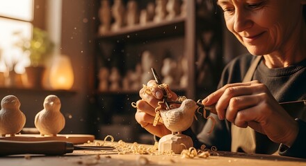 Artisan carving wooden bird figurine with tools in a workshop setting. Focused craftsmanship with wood shavings. Soft lighting creates warm atmosphere.
