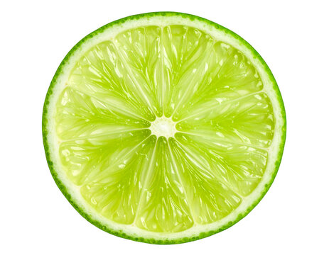 Juicy lime wheel with bright pulp and rind texture, transparent background PNG