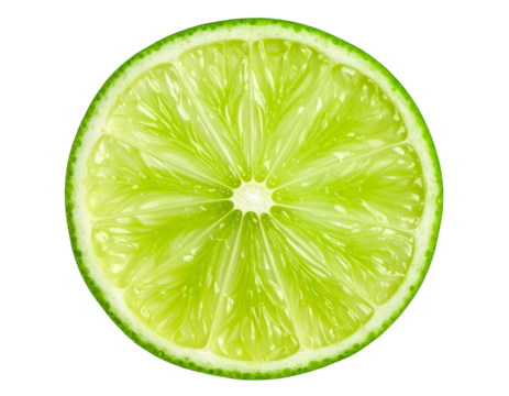 Juicy lime wheel with bright pulp and rind texture, transparent background PNG