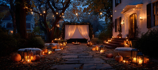 Halloween Outdoor Movie Night with Projector Screen, Jack-o'-Lanterns, and Cozy Atmosphere