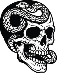 Dynamic Skull with Aggressive Snake Illustration: A Bold Vector Design Symbolizing Death, Rebirth, and Primal Danger, Ideal for Tattoos and Edgy Graphics.