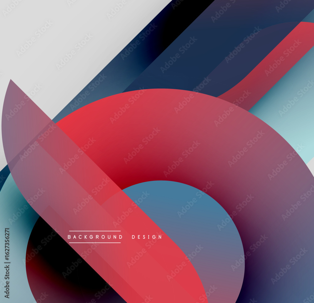 Poster abstract geometric shapes overlap. red, blue, gray gradients create dynamic composition. modern desi