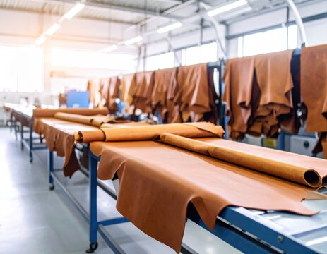 Tan leather hides arranged on a factory production line. Brightly lit workspace with industrial equipment.