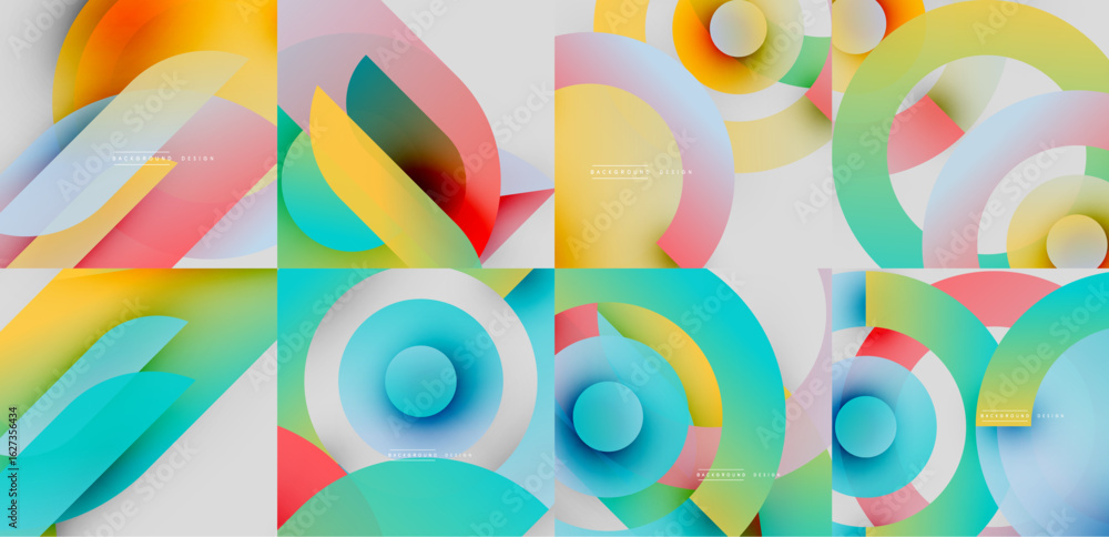 Poster abstract geometric designs. bright colors blend, creating dynamic compositions. circular shapes domi
