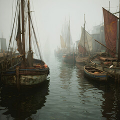 Tranquil Moments by the Waterside: Boats Peacefully Docked at a Serene Harbor Under Clear Skies