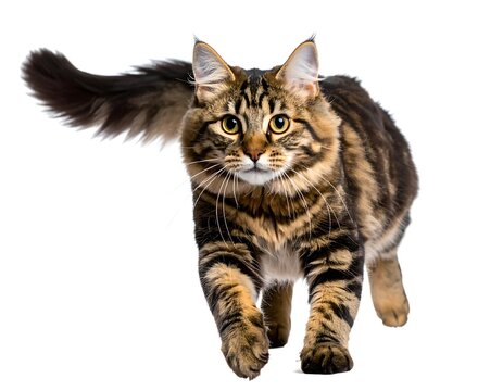 A longhaired tabby cat walking towards the camera, against a white background