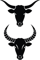 Impressive Duo of Bull Head Silhouettes: Featuring a Longhorn and a Water Buffalo, Strong Vector Graphics for Logos and Western or Asian Themes.