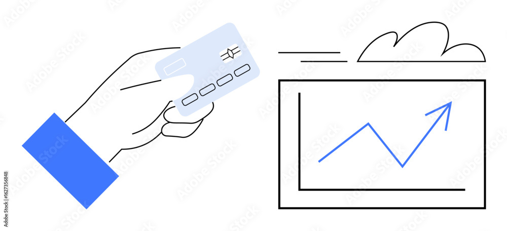 Poster hand presenting a credit card toward a screen displaying an upward-trending graph and cloud. ideal f