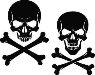 Black Skull and Crossbones Duo Vector Illustration Set, Classic Warning and Danger Symbols for Halloween, Pirate Themes, and Edgy Design Projects, Isolated High-Quality Graphic Elements.