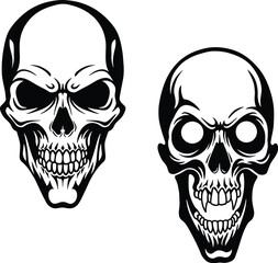 Menacing Skull Duo Vector Art: Aggressive Human Skeleton Heads for Halloween, Gothic Themes, and Dark Designs - Perfect for Spooky Decorations, Tattoos, and Horror Concepts.