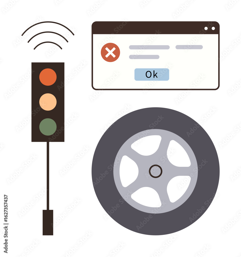 Poster traffic stoplight with wireless signal, error message in a web browser, and car wheel. ideal for con