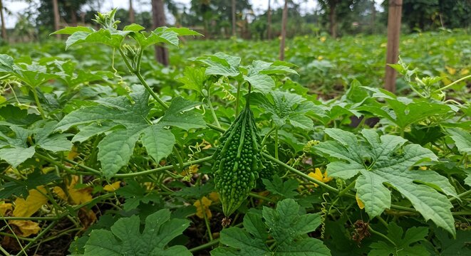Bitter Melon Growing in Garden