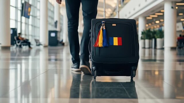 A traveler with a suitcase featuring the Romanian or chad flag walks purposefully through a modern airport terminal, embarking on an international journey or returning home.