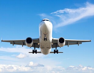 Fototapeta premium A low-angle shot of a passenger jet in flight, against a vibrant blue sky