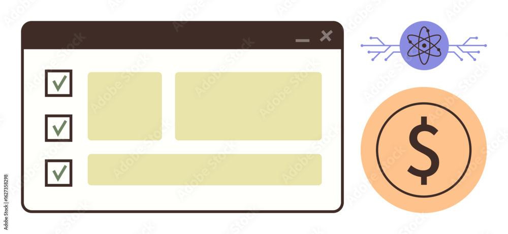 Poster task checklist in a browser window alongside dollar sign and atom icons. ideal for productivity, fin