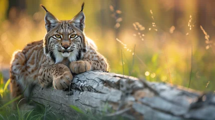 Keuken achterwand Lynx Bobcat lynx cat wildlife animal meadow. The young wild bobcat lynx cat animal uses the log for resting and watching in the open meadow of wildlife  © Kashif