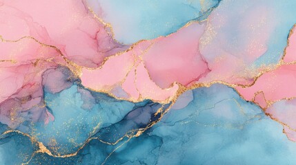 A painting of a pink and blue swirl with gold accents. The colors are vibrant and the gold adds a sense of luxury and elegance to the piece. The overall mood of the painting is one of beauty