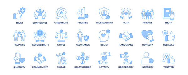 Trust blue line icon collection set. Containing confidence, credibility, promise, trustworthy, friends, truth, faith, sincerity and honesty. Simple blue line vector illustration.