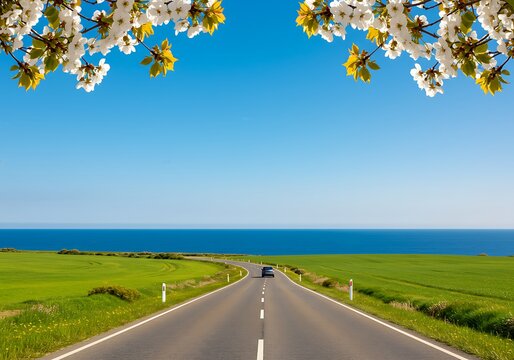 A road stretches towards the ocean horizon, framed by blooming white flowers against a clear blue sky, with green fields on either side.