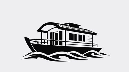 A black and white illustration of a houseboat on water with stylized waves and a simple background