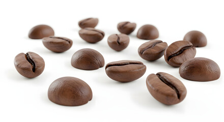 Naklejka premium Roasted coffee beans scattered on a white background.
