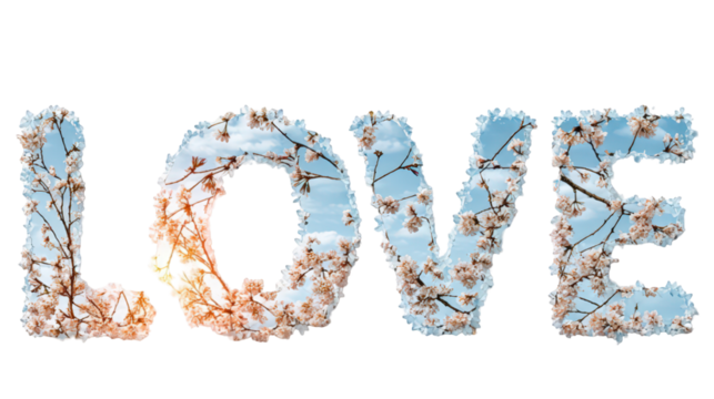 LOVE Text Art with Blossoms and Sky Overlay - Springtime Typography Illustration on Isolated Transparent Background