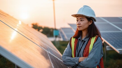 Women leadership and social impact concept, Woman in hard hat observing solar panels at sunset.