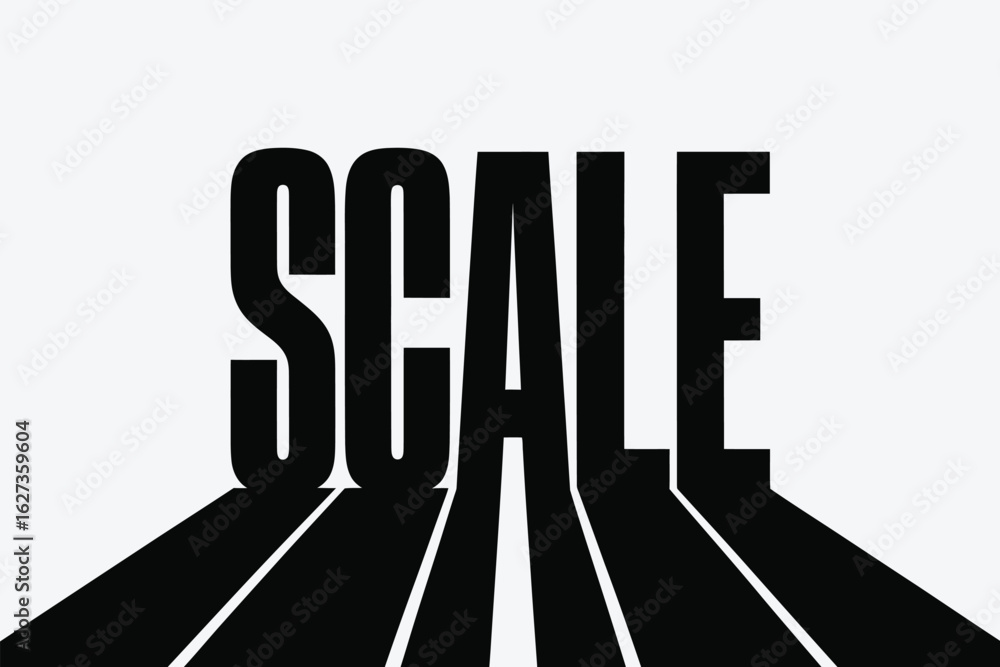 Aufkleber the word scale in bold black letters with elongated shadows on a white background creating depth