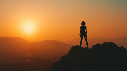 Women leadership and social impact concept, Silhouette of a person standing on rocks against a sunset backdrop.