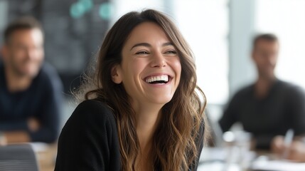 Women leadership and social impact concept, Smiling woman in a meeting, radiating joy and confidence.