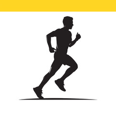Silhouette of a male runner in dynamic motion, a vector graphic icon representing fitness, exercise, and a healthy athletic lifestyle.