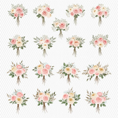 A collection of sixteen watercolor wedding bouquets with pink and cream roses and green foliage.