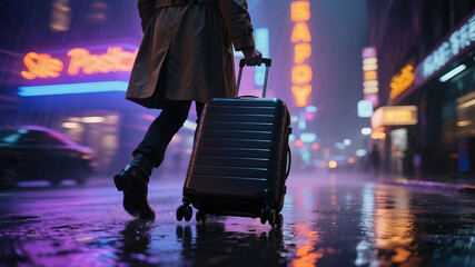 A faceless person in a stylish trench coat confidently pulls a premium hardshell suitcase through a rain-slicked, neon-lit city street at night, creating dynamic reflections