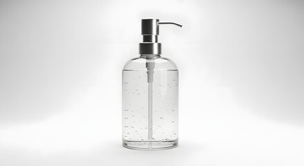 Naklejka premium A clear, transparent liquid soap dispenser with a silver pump against a white background.