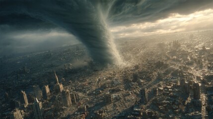 Fototapeta premium A large tornado is blowing through a city. The sky is dark and stormy, and the city is in ruins