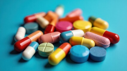 Pile of colorful pills and capsules spread out on a blue surface a variety of pharmaceutical medications