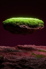 Floating mossy rock island against dark background