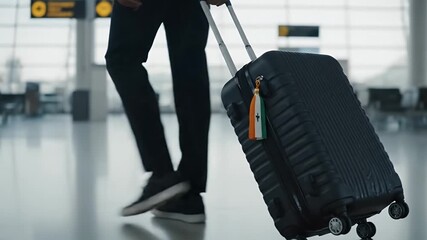 A businessman purposefully walks through a modern airport terminal, pulling his rolling luggage adorned with an ivory flag tassel, a cinematic scene of travel and mobility. - Powered by Adobe