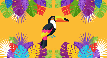 Summer Tropical Banner with Toucan and Monstera