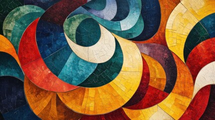 Abstract Mosaic Artwork with Curved Shapes and Cracked Paint