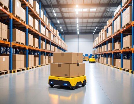 Automated guided vehicle transporting cardboard boxes in a large warehouse.